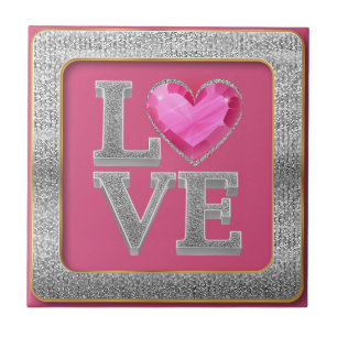 Elegant Silver Glitter and Pink Heart Jewel Tile