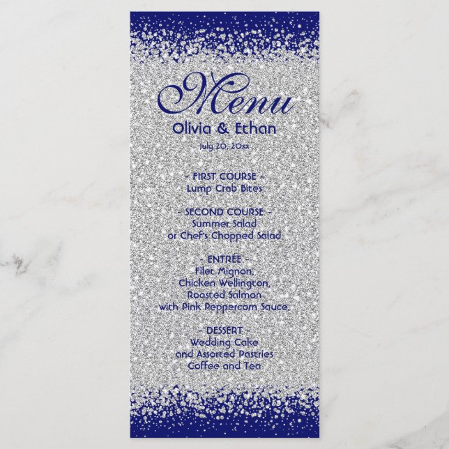 Elegant Silver Glitter and Royal Blue Menu (Front)