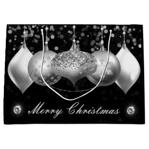 Elegant Silver Glitter Baubles Merry Christmas Large Gift Bag