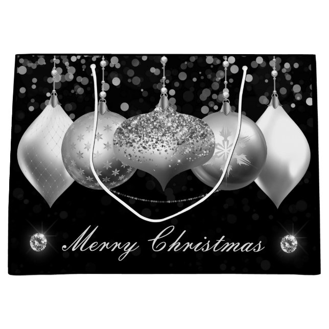 Elegant Silver Glitter Baubles Merry Christmas Large Gift Bag (Front)