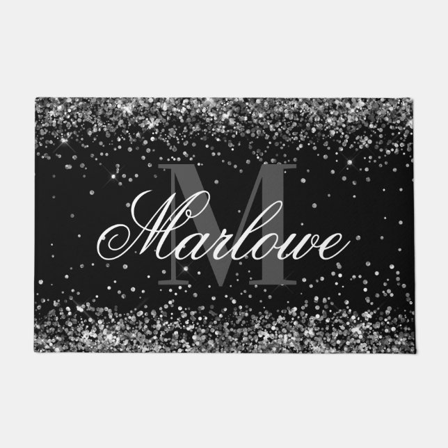 Elegant Silver Glitter Black and White Monogram Doormat (Front)