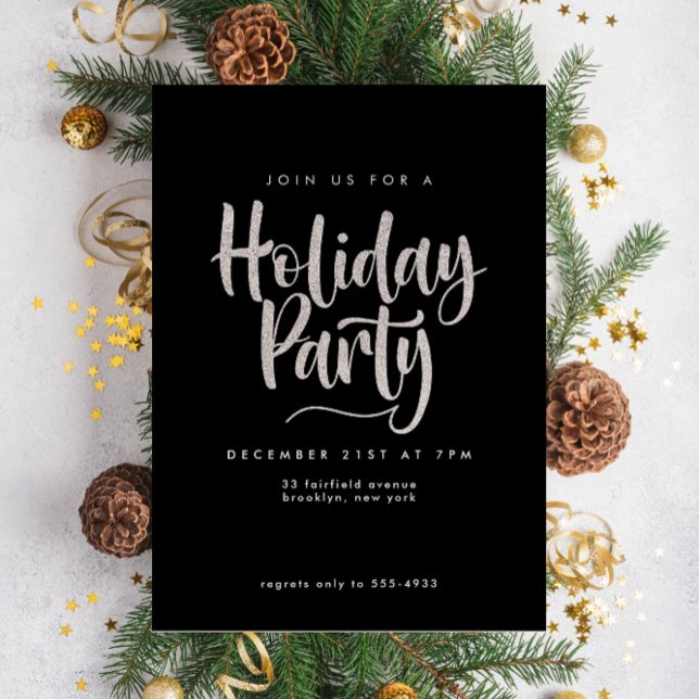 Elegant Silver Glitter Black Holiday Party Invitation (Creator Uploaded)