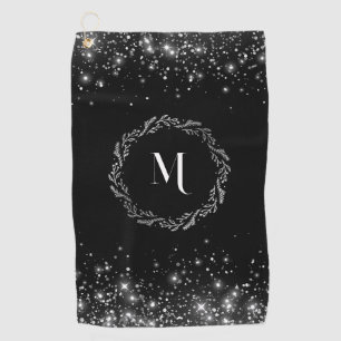 Elegant Silver Glitter Black Monogram Golf Towel