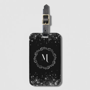 Elegant Silver Glitter Black Monogram Luggage Tag