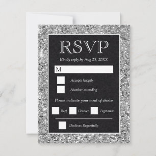 Elegant Silver Glitter Black Wedding RSVP Card