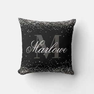 Elegant Silver Glitter Black White Monogram Cushion