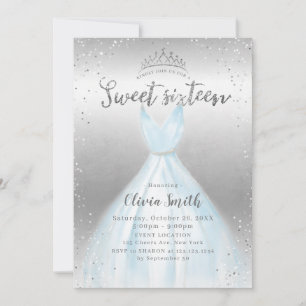 Elegant silver glitter blue Dress sweet 16 Invitation