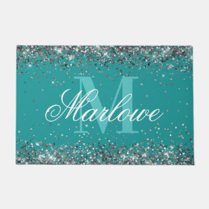 Elegant Silver Glitter Blue Green Monogram Doormat