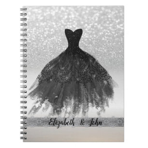 Elegant Silver Glitter Bokeh, Black Dress Notebook