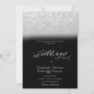  Elegant Silver Glitter Bokeh Black Wedding  Invitation