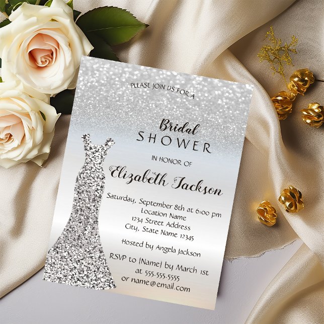 Elegant Silver Glitter Bokeh , Dress Bridal Shower Invitation (Creator Uploaded)