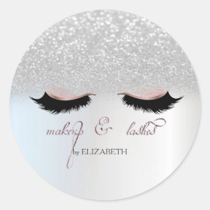 Elegant Silver Glitter Bokeh, Faux Lashes Classic Round Sticker