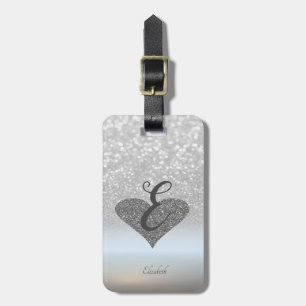 Elegant Silver Glitter Bokeh, Heart, Monogram Luggage Tag