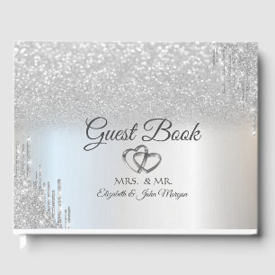 Elegant Silver Glitter Bokeh Hearts Drips Wedding  Guest Book