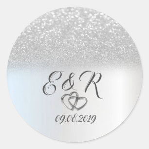 Elegant Silver Glitter Bokeh,Hearts  Wedding Classic Round Sticker