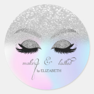 Elegant Silver Glitter Bokeh,Holograph Faux Lashes Classic Round Sticker