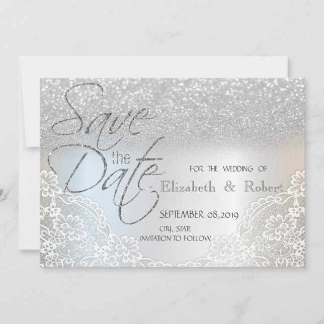 Elegant Silver Glitter Bokeh, Lace Save The Date (Front)