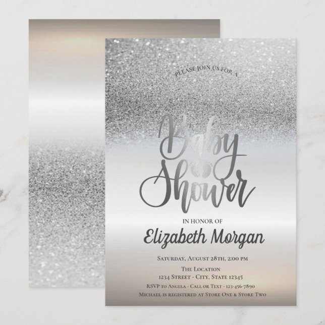 Elegant Silver Glitter Bokeh Ombre Baby Shower Invitation (Front/Back)