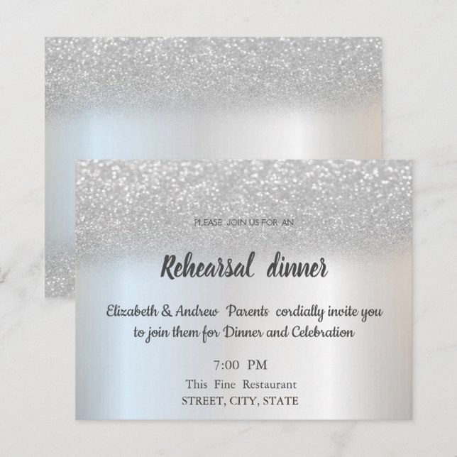 Elegant Silver Glitter Bokeh Rehearsal Dinner Invitation (Front/Back)