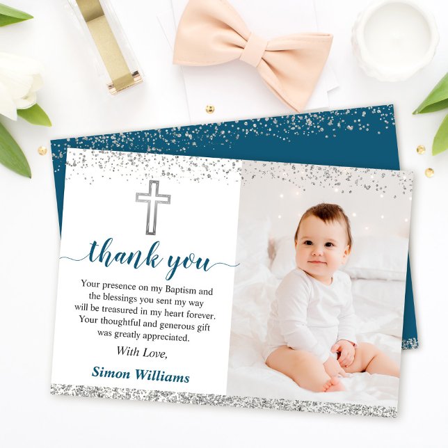 Elegant Silver Glitter Boy Baptism Photo Thank You Card (Creator Uploaded)