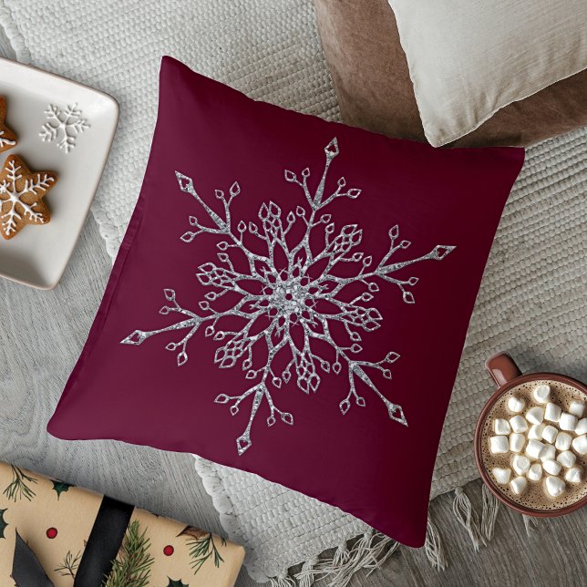 Elegant Silver Glitter Burgundy Snowflake Holiday Cushion (Elegant Silver Glitter Burgundy Snowflake Holiday Throw Pillow)
