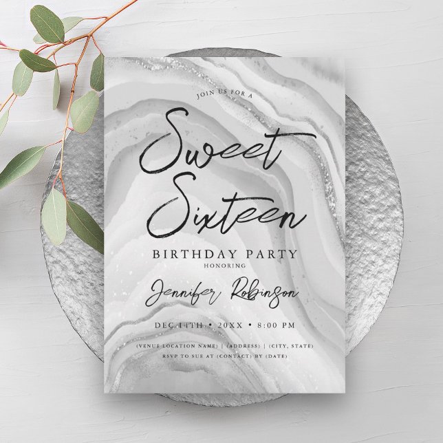 Elegant Silver Glitter Chic Marble Glam Sweet 16  Invitation (Elegant Silver Glitter Chic Marble Glam Sweet 16 Invitation)