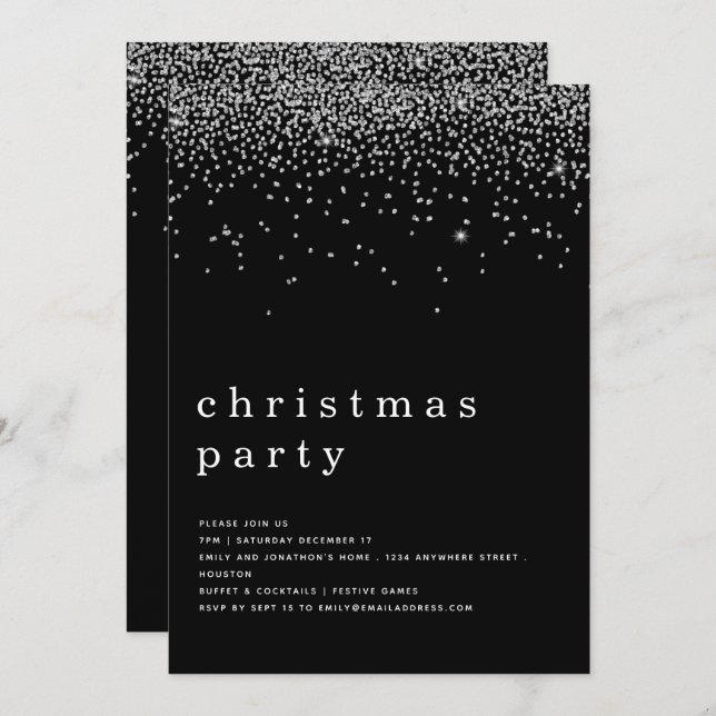 Elegant Silver Glitter Christmas Party Black Invitation (Front/Back)