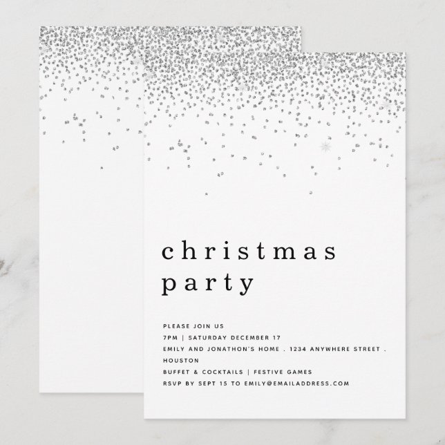Elegant Silver Glitter Christmas Party Invitation (Front/Back)