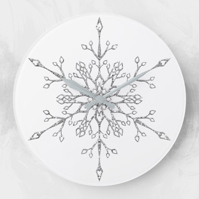 Elegant Silver Glitter Christmas Snowflake Holiday Large Clock (Creator Uploaded)