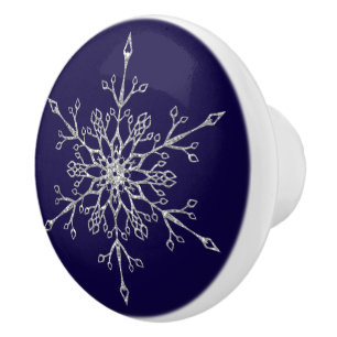 Elegant Silver Glitter Christmas Snowflake Navy Ceramic Knob