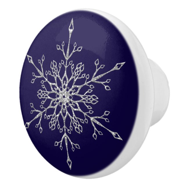 Elegant Silver Glitter Christmas Snowflake Navy Ceramic Knob (Right)