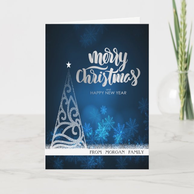 Elegant Silver Glitter  Christmas Tree Blue Holiday Card (Front)