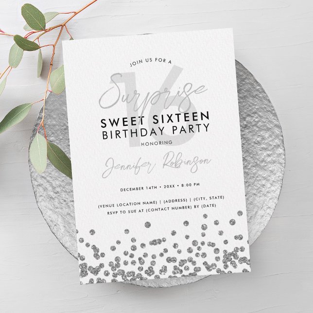 Elegant Silver Glitter Confetti Surprise Sweet 16  Invitation (Elegant Silver Glitter Confetti Surprise Sweet 16 Invitation)