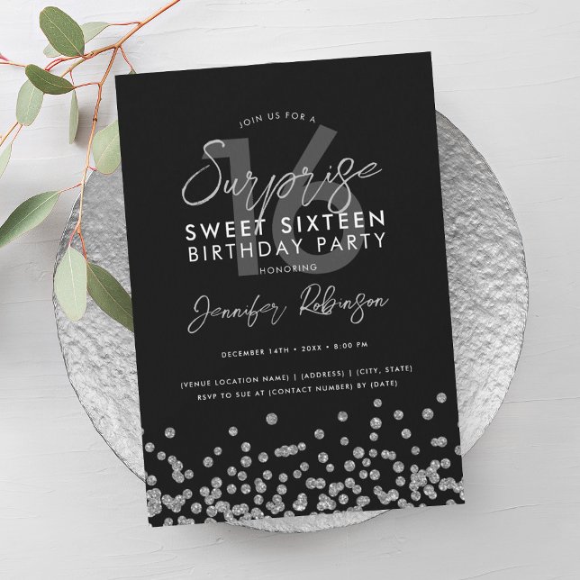 Elegant Silver Glitter Confetti Surprise Sweet 16  Invitation (Elegant Silver Glitter Confetti Surprise Sweet 16 Invitation)