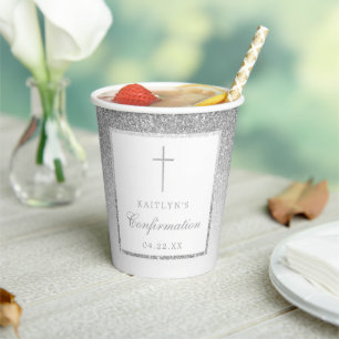 Elegant Silver Glitter Confirmation Or Baptism Paper Cups