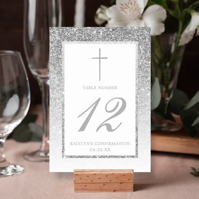 Elegant Silver Glitter Confirmation Or Baptism Table Number (Creator Uploaded)