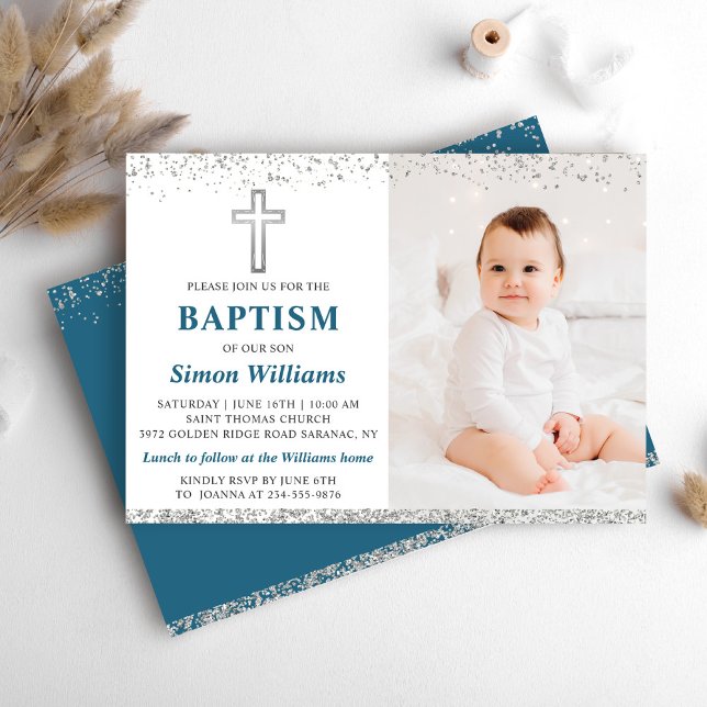 Elegant Silver Glitter Cross Boy Baptism Photo Invitation (Creator Uploaded)