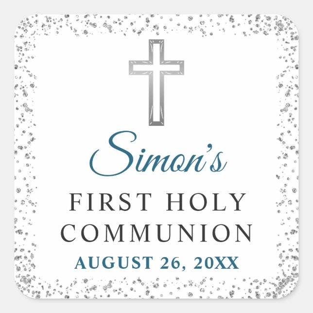 Elegant Silver Glitter Cross First Holy Communion Square Sticker (Front)