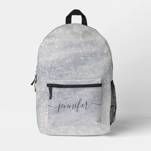 Elegant Silver Glitter Custom Name Printed Backpack (Front)
