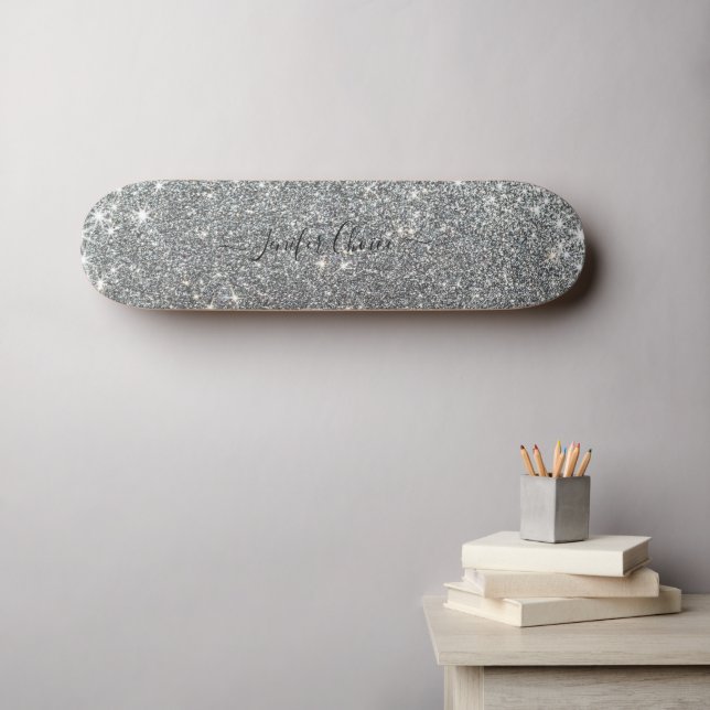 Elegant SILVER Glitter Custom Name  Skateboard (Wall Art (Horz))