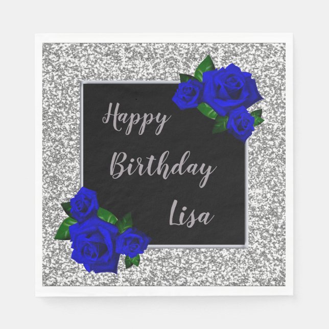 Elegant Silver Glitter Deep Blue Roses Birthday Napkin (Front)