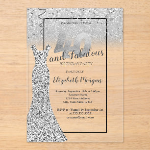Elegant Silver  Glitter Dress 40th Birthday Party Acrylic Invitations