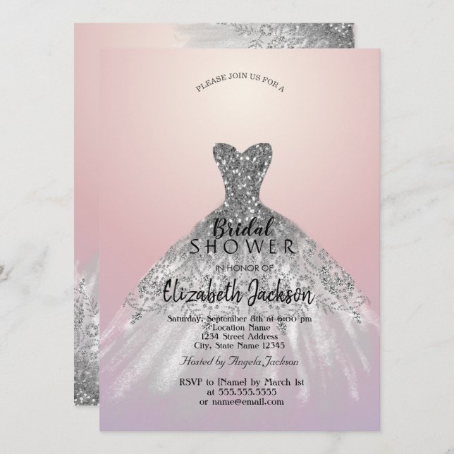 Elegant Silver Glitter Dress,Pink Bridal Shower  Invitation (Front/Back)