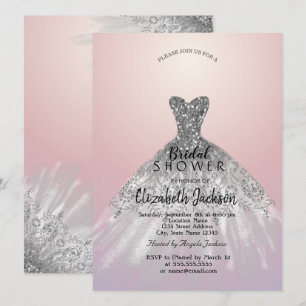 Elegant Silver Glitter Dress,Pink Bridal Shower  Invitation