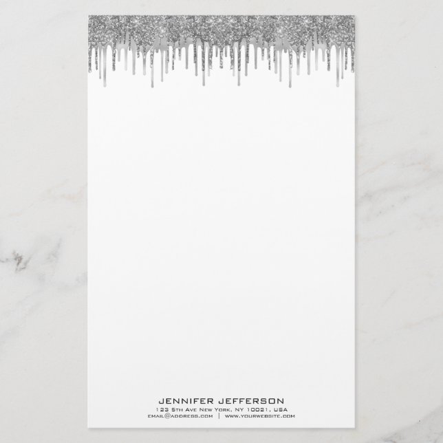 Elegant silver glitter drip stationery (Front)