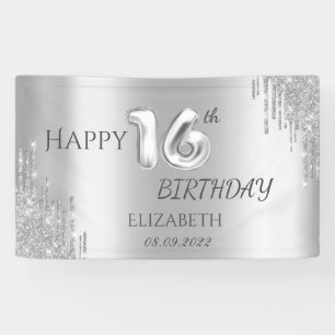 Elegant Silver Glitter Drips 16th Birthday Banner