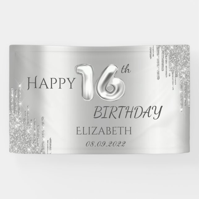 Elegant Silver Glitter Drips 16th Birthday   Banner (Horizontal)