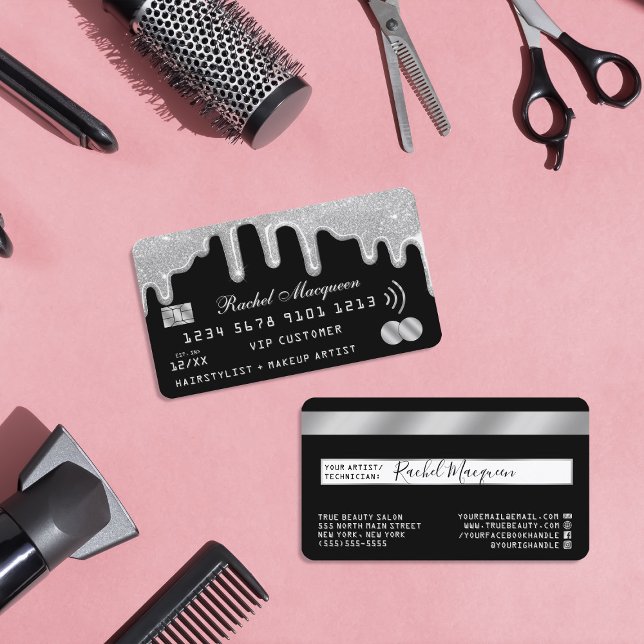 Elegant Silver Glitter Drips Black Credit Business Card (Creator Uploaded)