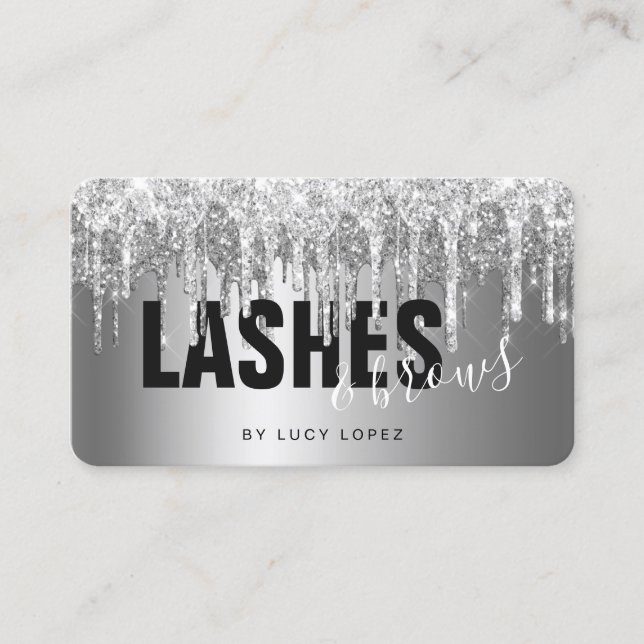 Elegant silver glitter drips lashes & brows  business card (Front)