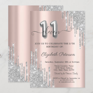 Elegant Silver Glitter Drips Rose Gold 11th Invitation